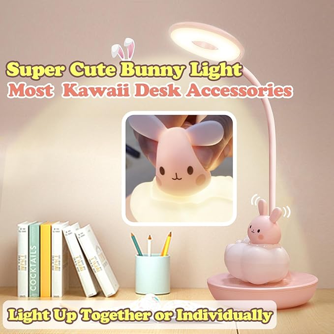 Kids Desk Lamp Pink, Dimming Desk Lamp for Girls with Exclusive Cartoon Look, Cute Night Light for Kids Bedroom, Eye-Caring LED Portable Reading Lamp for Child, Unique Gift (Pink Rabbit) - LeafyLoom