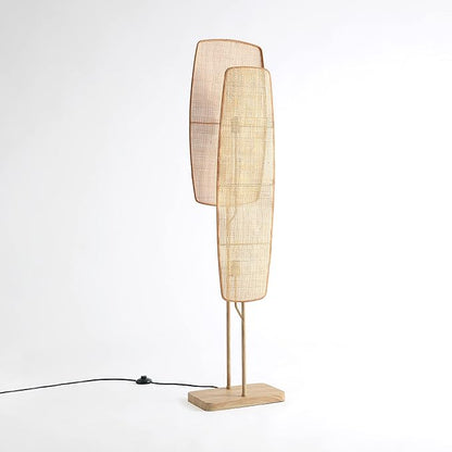 Amud - Floor Lamp, 2-Light with Bamboo Wicker Panels Wood Finish, Beige - LeafyLoom