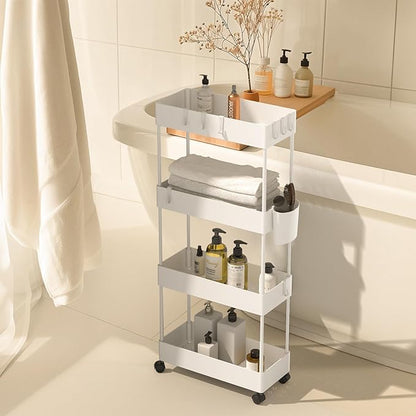 Pipishell Slim Storage Cart with Wheels, 4 Tier Bathroom Storage Organizer Rolling Utility Cart for Bathroom Kitchen Laundry Room Office Narrow Place (White) - LeafyLoom