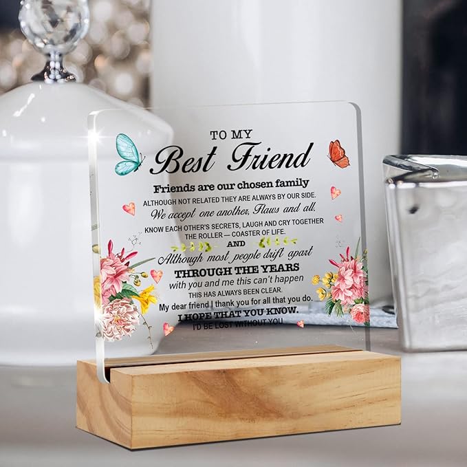 Best Friend Gift Friendship Desk Decor Friends are Our Chosen Family Acrylic Desk Plaque Sign with Wood Stand Home Office Table Desk Sign Keepsake - LeafyLoom