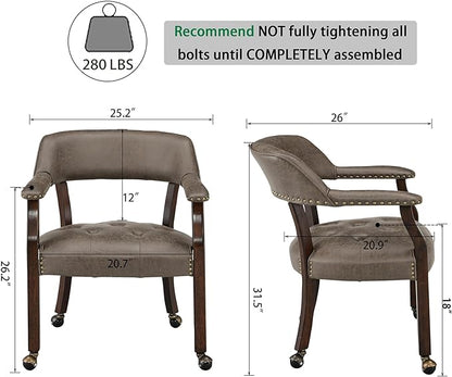 Dining Chairs with Casters and Arms, Accent Kitchen Table Chairs with Wheels, Roller Poker Table Chairs, Wooden Captains Chair, Espresso Legs & Dark Brown SY-318-DK - LeafyLoom