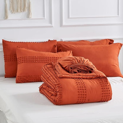 ENJOHOS California King Size Comforter Set with Sheets 7 Pc - Burnt Orange Oversized King Comforter Set, King Bed in a Bag Set, Boho Tufted Bedding with Pom, Lightweight Microfiber Comforter - LeafyLoom