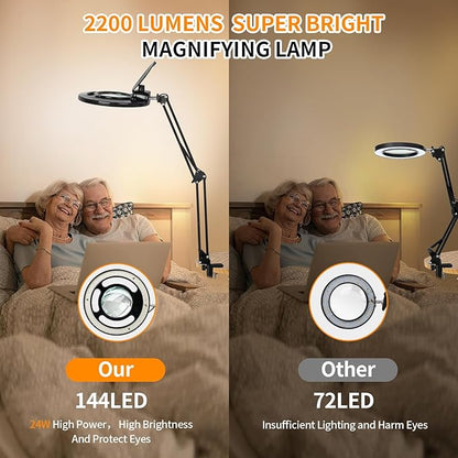 HITTI 10X Long Magnifying Glass with Light and Stand, 2200 Lumens Dimmable Bright LED Lighted Magnifier, Ajustable Swing Arm Magnifying Desk Lamp with Clamp, Hands Free for Hobby Repair Workbench - LeafyLoom