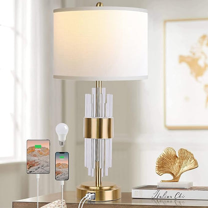 QiMH Gold Table Lamp for Living Room with USB Ports, Bedside Lamps for Bedrooms with Touch Control USB Ports, Modern Nightstand Lamp White Drum Lamp Shade Home Light Decor (2700K LED Bulb Included) - LeafyLoom