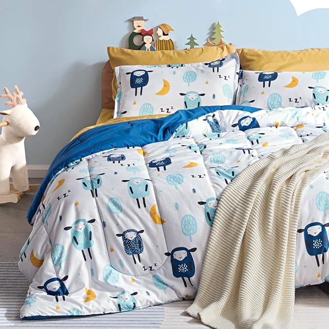 SLEEP ZONE Kids Bedding Comforter Set Full/Queen Size - Super Cute & Soft Kids Bedding 7 Pieces Set with Comforter, Sheet, Pillowcase & Sham (Blue Sheep) - LeafyLoom