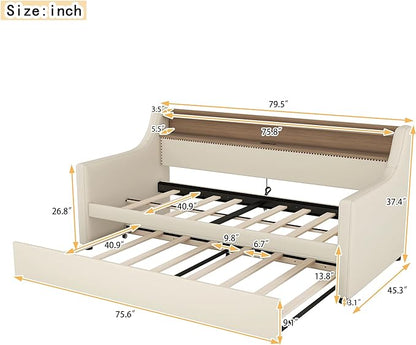 Twin Size Daybed with Trundle, Upholstered Day Bed Frame with Charging Station and LED Lights, PU Leather Sofa Beds w/Headboard & Wood Slat Support for Bedroom, Living Room, Beige - LeafyLoom