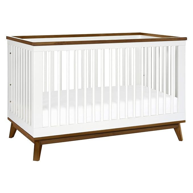 Babyletto Scoot 3-in-1 Convertible Crib with Toddler Bed Conversion Kit in White and Natural Walnut, Greenguard Gold Certified - LeafyLoom