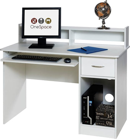 OneSpace Essential Computer Desk, Hutch with Pull-Out Keyboard, White - LeafyLoom