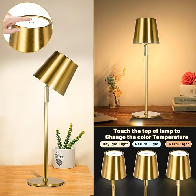 Cordless Table Lamp,Portable LED Desk Lamp, Battery Operated, 3 Color Stepless Dimming Up, for Restaurant/Bedroom/Bars/Outdoor Party/Camping/Coffee Shop Night Light。 (Gold) - LeafyLoom