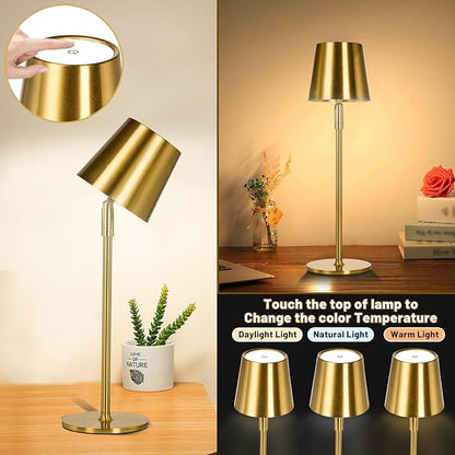 Cordless Table Lamp,Portable LED Desk Lamp, Battery Operated, 3 Color Stepless Dimming Up, for Restaurant/Bedroom/Bars/Outdoor Party/Camping/Coffee Shop Night Light。 (Gold) - LeafyLoom