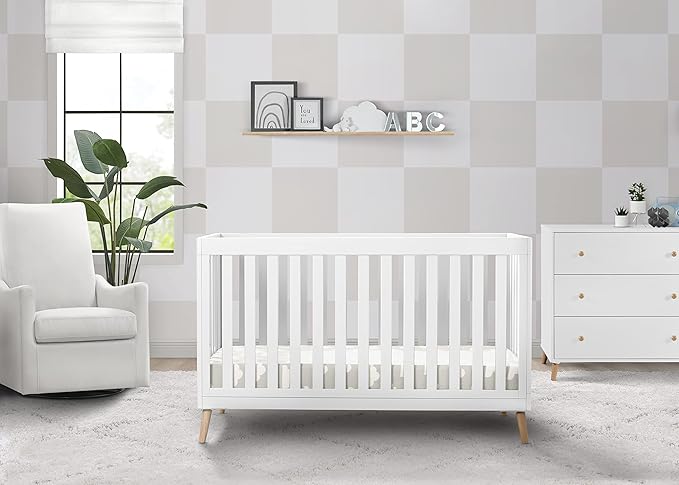 Delta Children Essex 4-in-1 Convertible Baby Crib, Bianca White with Natural Legs + Delta Children Twinkle Galaxy Dual Sided Recycled Fiber Core Crib and Toddler Mattress (Bundle) - LeafyLoom