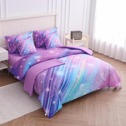 Full Size Bedding Sets Kids Bedding Sets for Girls,Galaxy Bedding 7pieces Glitter Pink Comforter Colorful Comforter Full Size Comforter Sets for Teen Girls(Twill Rainbow) - LeafyLoom