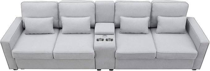 114.2" Linen Upholstered Sofa with Consoleand 2 USB Ports Wired or Wirelessly Charged,Modern 4-Seat Couches W/ 4 Pillows and Two Cupholders,for Living Room,Apartment, Gray, Light Grey - LeafyLoom