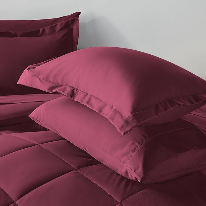 CozyLux Queen Comforter Set with Sheets 7 Pieces Bed in a Bag Burgundy All Season Bedding Sets with Comforter, Pillow Shams, Flat Sheet, Fitted Sheet and Pillowcases, Red, Queen - LeafyLoom