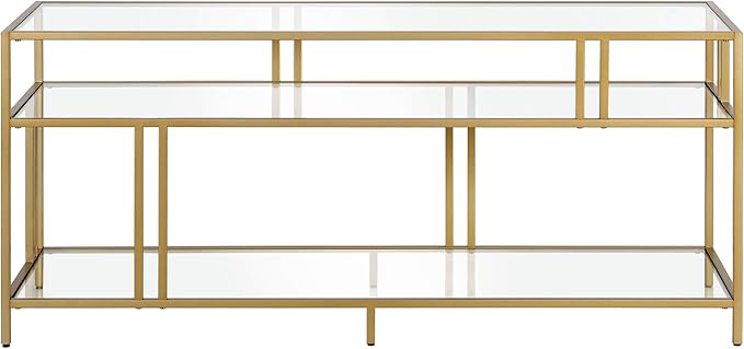 Henn&Hart Rectangular TV Stand with Glass Shelves for TV's up to 60" in Brass, TV Stands for the Living Room - LeafyLoom