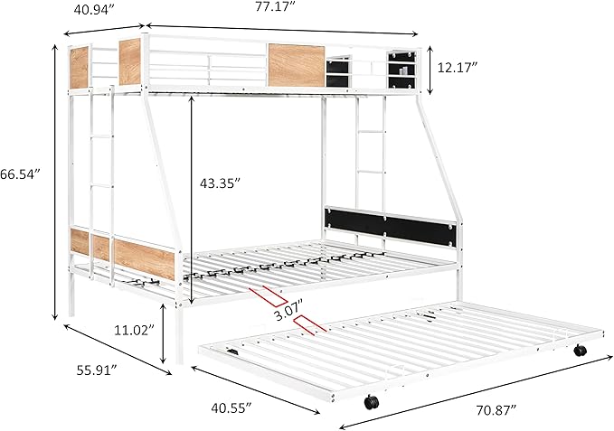 Twin over Full Bunk Bed with Trundle,Heavy-duty Sturdy Metal,Noise Reduced,Safety Guardrail,Wooden Decoration,Convenient-Trundle,Bunk-Bed for Three,CPC Certified,No Box Spring Needed,White - LeafyLoom