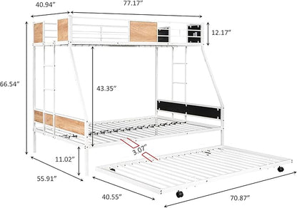 Twin over Full Bunk Bed with Trundle,Heavy-duty Sturdy Metal,Noise Reduced,Safety Guardrail,Wooden Decoration,Convenient-Trundle,Bunk-Bed for Three,CPC Certified,No Box Spring Needed,White - LeafyLoom