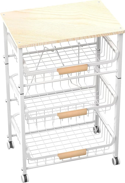 4-Layer Fruit Basket Kitchen Food Storage Organizer and Storage Rack, Stackable Storage cart with Desktop, Pull-Out Hollow Metal Storage Basket, liding Out Storage,White - LeafyLoom