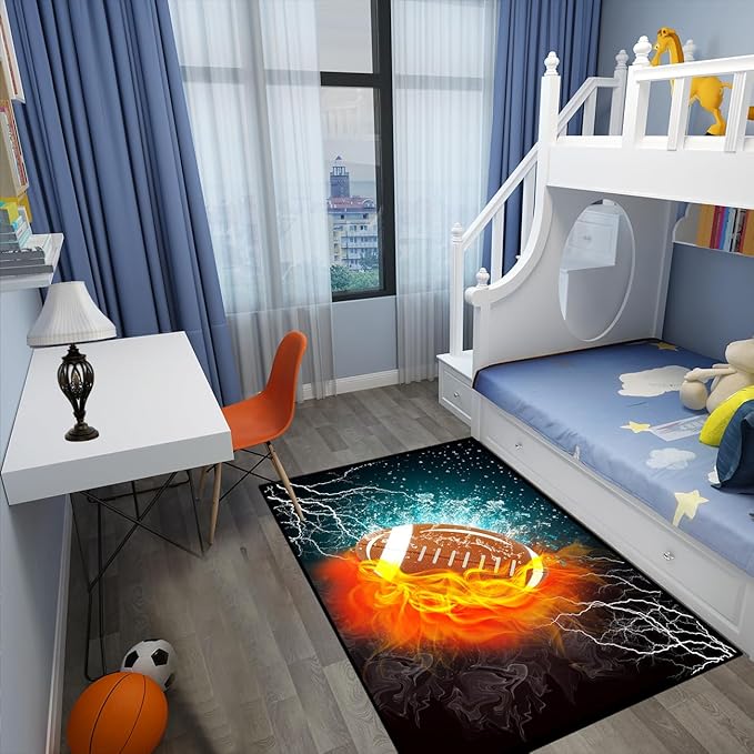 Football Rug Football Decor for Boys Bedroom Football Rug Water and Fire Cool Room Decoration Soccer Rug for Boys Room Football Printed Rug for Kids Room Playmat Rugs for Kid Room Living Room,2'5''×4' - LeafyLoom