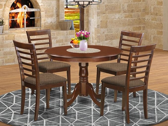 East West Furniture HLML5-MAH-C 5 Piece Dining Table Set for 4 Includes a Round Kitchen Table with Pedestal and 4 Linen Fabric Dining Room Chairs, 42x42 Inch, Mahogany - LeafyLoom