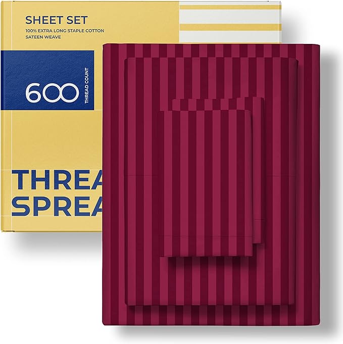 THREAD SPREAD Striped Egyptian Cotton Sheets Twin XL Size - 600 Thread Count 3 PC Damask Twin XL Sheets Deep Pocket, Sateen Weave College Dorm Bedding Twin XL, Fits Mattress upto 18" - Burgundy Stripe - LeafyLoom