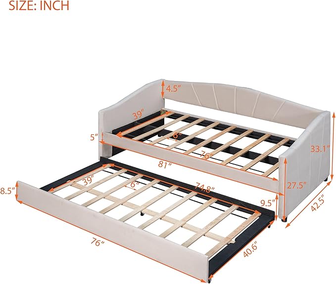 Twin Size Upholstered Daybed with Trundle, Wood Slat Support Sofa Bed with Armrest, No Box Spring Needed, Easy to Assemble, for Studio, Bedroom, Living, Guest Room, Beige - LeafyLoom