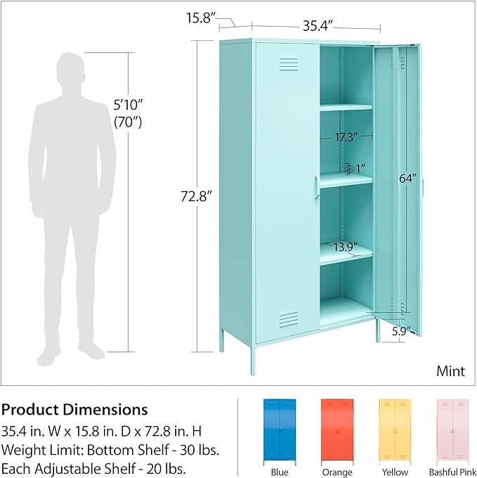 Novogratz Cache Tall 2 Door Metal Locker Cabinet, Blue - LeafyLoom