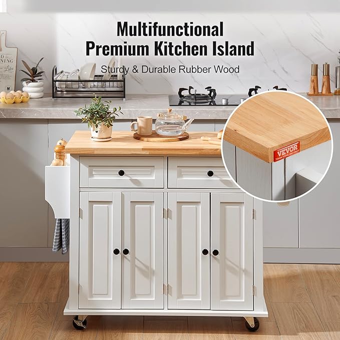 VEVOR Kitchen Island Cart with Solid Wood Top, 35.4" Width Mobile Carts with Storage Cabinet, Rolling Kitchen Table with Spice Rack, Towel Rack, and Drawer, Portable Islands on Wheels, White - LeafyLoom