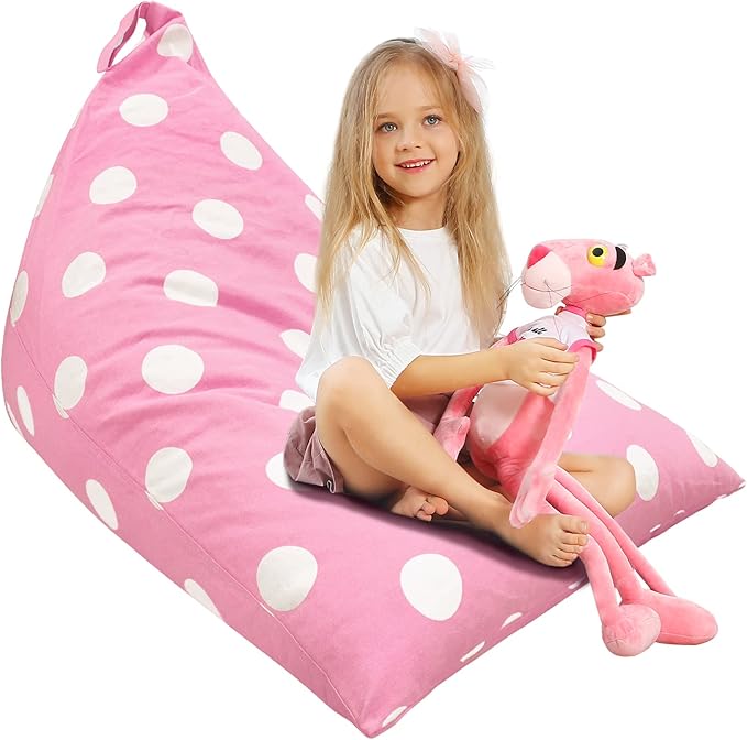 Aubliss Stuffed Animal Storage Bean Bag Chairs Cover, 50"x 35" Extra Large Bean Bags Chair for Kids & Adults, Beanbag Toy Storage for Boys Girls - Premium Cotton Canvas Pink Dot - LeafyLoom