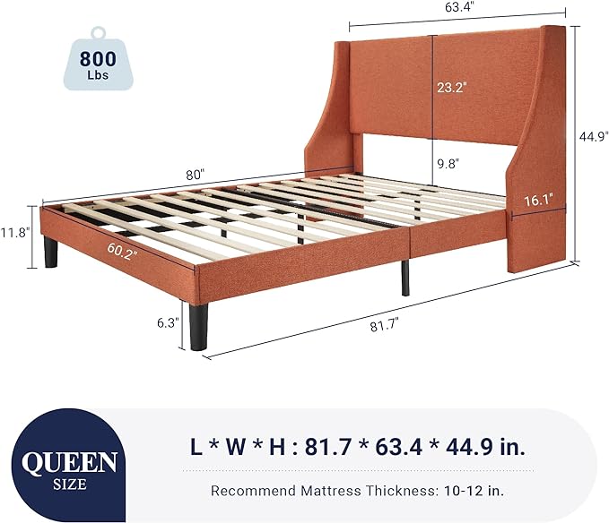 Allewie Queen Bed Frame, Platform Bed Frame Queen Size with Upholstered Headboard, Modern Deluxe Wingback, Wood Slat Support, Mattress Foundation, Burnt Orange - LeafyLoom