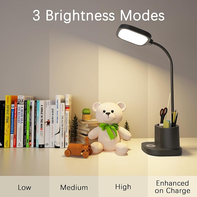 LED Desk Lamp for Home Office with USB Charging Port, Rechargeable Powered Table Lamp Battery Operated Cordless Reading Lamp, Pen Holder, 3 Way Dimmable, Bright, Tall, Flexible, Gooseneck, Black - LeafyLoom