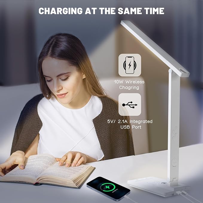 Led Desk Lamp with Wireless Charger, White Desk Lamps for Home Office with Clock, Alarm, Date, Temperature | Desk Light with Night Light, 46 Min Auto Timer | Touch Control Smart Lamp for College, Dorm - LeafyLoom