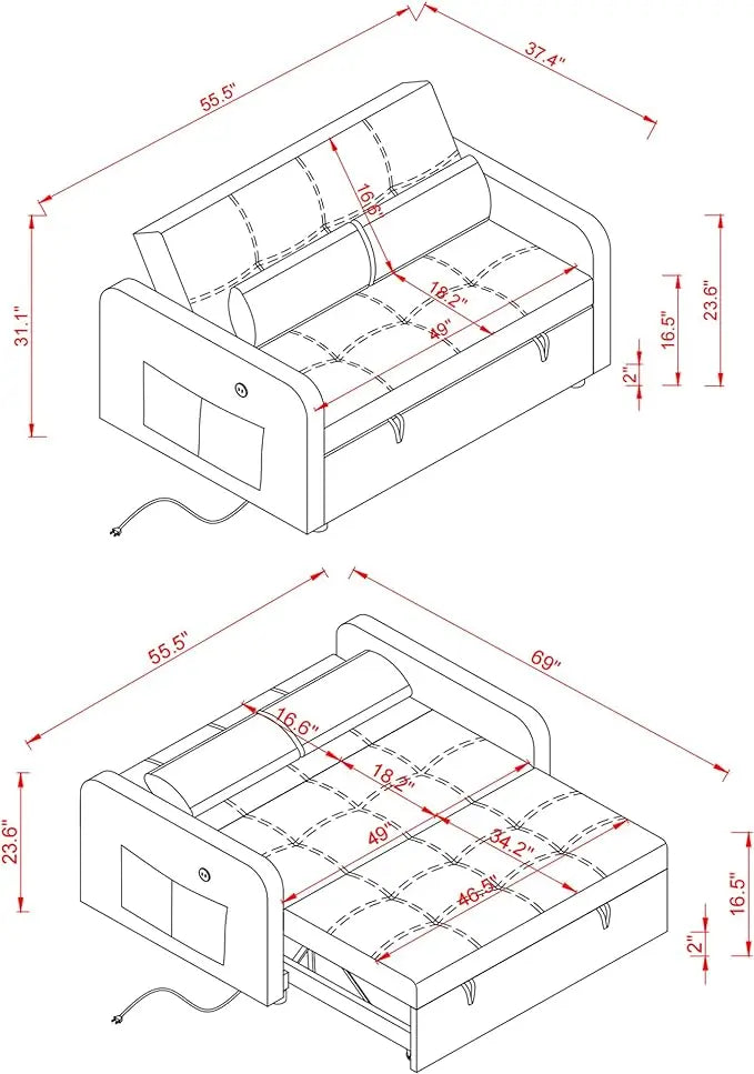 Futon Loveseat Couch with Pull Out Bed,3-in-1 Multi-Functional Convertible Sleeper Sofa Reclining Chaise Lounge with Adjustable Backrest, Sofacama for Living Room, Small Space - LeafyLoom