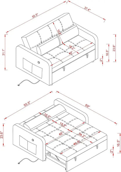 Futon Loveseat Couch with Pull Out Bed,3-in-1 Multi-Functional Convertible Sleeper Sofa Reclining Chaise Lounge with Adjustable Backrest, Sofacama for Living Room, Small Space - LeafyLoom