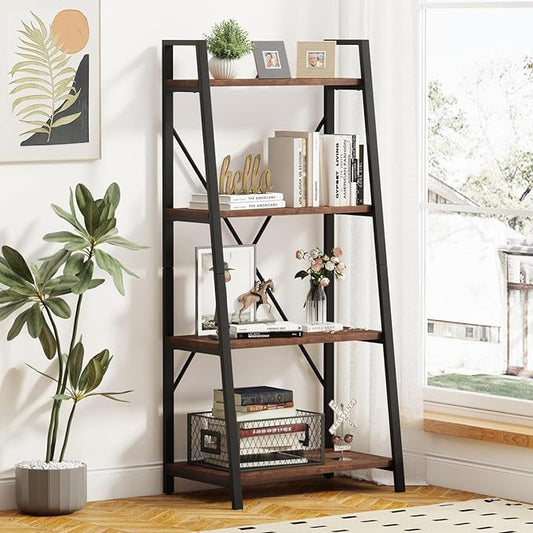 BON AUGURE Industrial Ladder Shelf Bookcase, 4 Tier Rustic Ladder Bookshelf, Standing Leaning Book Shelves for Living Room (Rustic Oak) - LeafyLoom