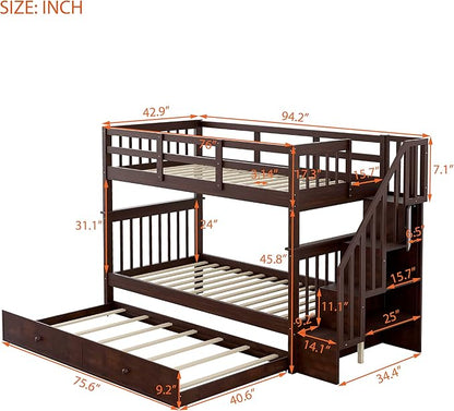 Bunk Bed with Stairs Storage, Twin Over Twin Size, Wooden Stairway Bunkbeds w/Trundle, for Kids Teens Bedroom, Detachable into Two Bedframe, Espresso - LeafyLoom