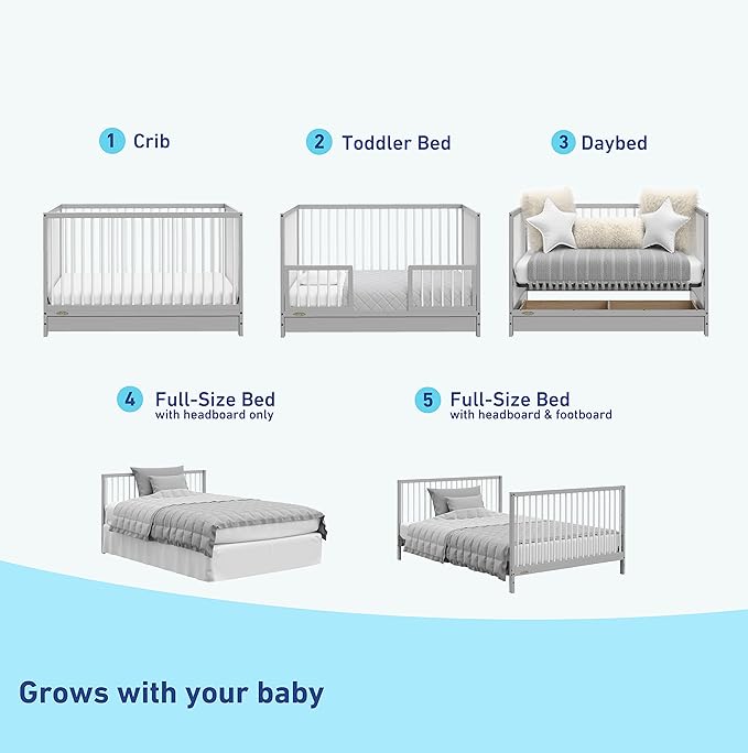 Graco Teddi 5-in-1 Convertible Crib with Drawer (Pebble Gray with White) – GREENGUARD Gold Certified, Crib with Drawer Combo, Full-Size Nursery Storage Drawer, Converts to Toddler Bed - LeafyLoom