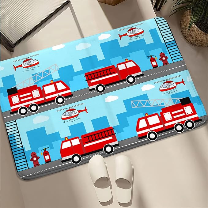 Car Rug Play Mat Car Rug Play Mat Car Rug for Boys Room Fire Fighting Truck Red Car Printed Rug Play Rug for Cars and Trucks Play Rugs for Kids Rooms,Light Blue 2'×3' - LeafyLoom