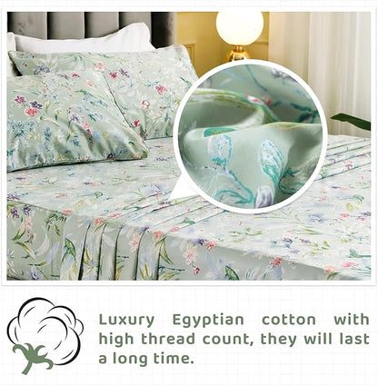 QSH 100% Egyptian Cotton Sheets Twin Size, Green Flower Bird Butterfly Pattern Botanical Luxury Printed Bedding Flower Twin Bed Sheets for Girl Kid Extra Soft 4pcs Deep Pocket Floral Bed Sheet - LeafyLoom