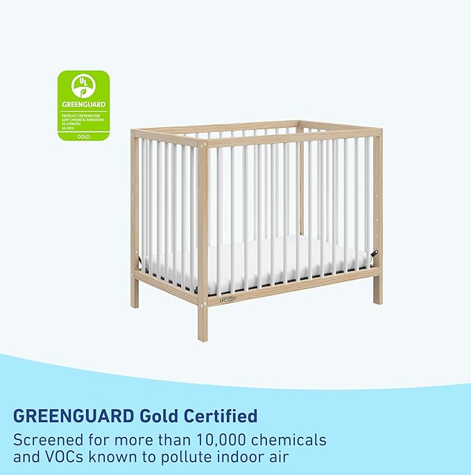 Graco Teddi 4-in-1 Convertible Mini Crib with Bonus Water-Resistant Mattress (Natural with White) – GREENGUARD Gold Certified, 2.75-Inch Mattress Included, Convenient Size, Easy 30-Minute Assembly - LeafyLoom