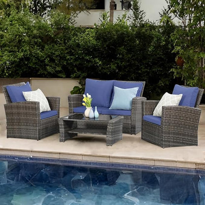 Wisteria Lane 4 Piece Outdoor Patio Furniture Sets, Wicker Conversation Set for Porch Deck, Grey Rattan Sofa Chair with Cushion （Blue - LeafyLoom