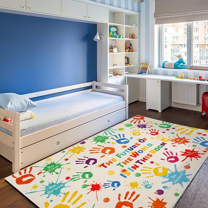 Colorful Kids Rug, Washable Rug for Kids, Handprints Area Rugs for Kids Bedroom, Non-Slip Play Mat Ultra Soft Thick Indoor Plush Rugs for Playroom Classroom Nursery Decor (59 X 39.4 INCH) - LeafyLoom