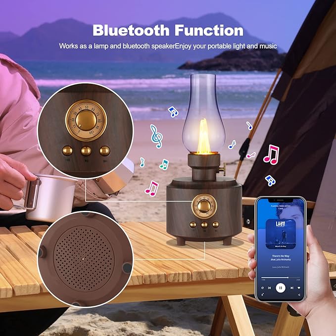 Vintage Table Lamp Retro Bluetooth Speaker Rechargeable Portable Night Light Flameless LED Oil Lamp Bedside Desk Lamp for Bedroom, Cafe, Bar, Desk Decor, Outdoor Camping Birthday Gifts - LeafyLoom