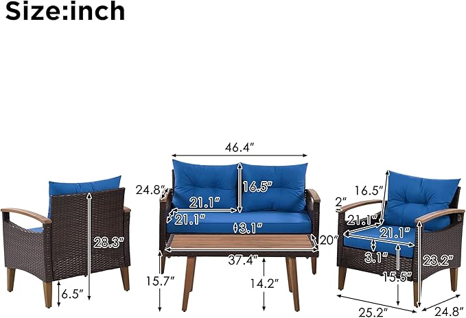 Merax Patio Furniture Sets 4 Pieces, All Weather Outdoor PE Rattan Sofa with Wood Table and Legs, for Lawn, Backyard, Poolside or Garden, Blue - LeafyLoom