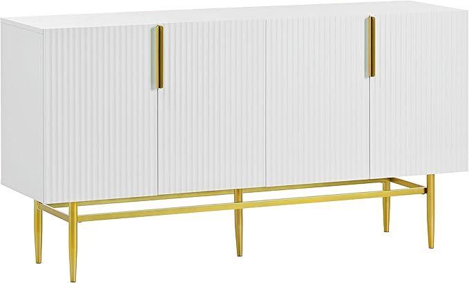 60" Modern 4-Door Elegant Sideboard with Gold Metal Handles and Legs,Storage Buffet Cabinet,W/Adjustable Shelves & Open Countertop,Console Table for Dining Living Room Hallway,White - LeafyLoom