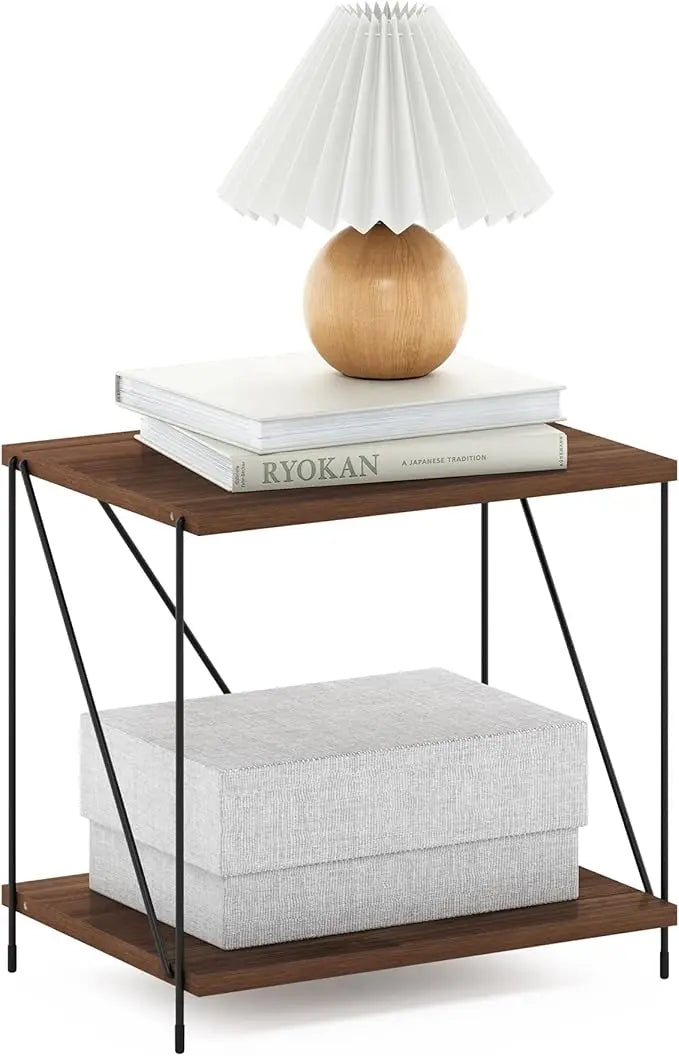 Furinno Besi Industrial Multipurpose Side Table with Metal Frame, Walnut Cove - LeafyLoom