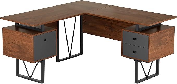 NicBex Laik-DW-00045-DX Desks, 59" W x 57.75" D x 30" H, Walnut - LeafyLoom