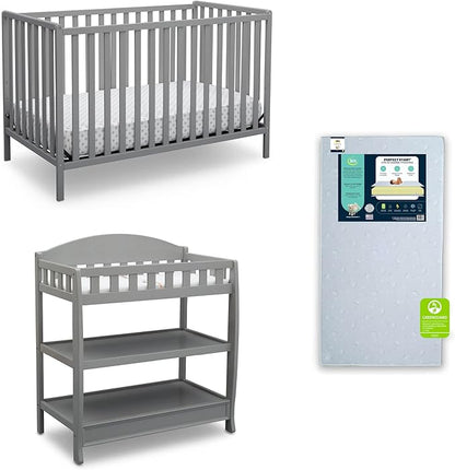 Delta Children Heartland 4-in-1 Convertible Crib Infant Changing Table with Pad + Serta Perfect Start Crib Mattress, Grey - LeafyLoom