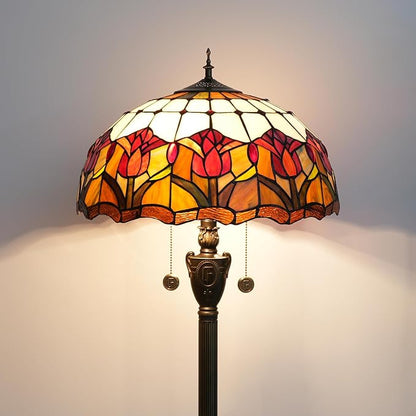 Tiffany Floor Lamp Red Tulip Style Stained Glass lamp for Living Room Bedroom Office Bright Lighting Rustic Corner Deco Standing Tall Unique Vintage Reading Unique Bronze Reading Aesthetic - LeafyLoom