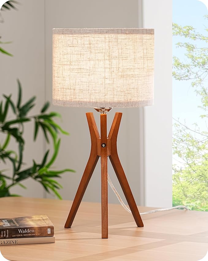 EDISHINE Mid Century Table Lamp, 17.5" Tripod Bedside Lamp with Deep Wood Color Light Base & Beige Linen Lampshade, Nightstand Lamp for Bedroom, Living Room, Reading Room, E26 Base - LeafyLoom